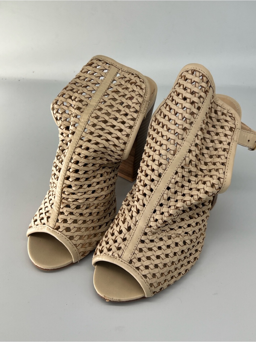 Kristin Cavallari Woven leather Peep-Toe Block Heel Sandals - Beige